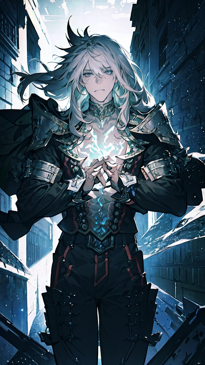 Upper body,ung man,solo,male photo, stare into the distance,gray hair,long hair,green eyes,(best quality:1.2),(masterpiece:1.2),(ultra-detailed),vivid colors,sharp focus,moolight,studio lighting,confident expression,stylish,at the ruins