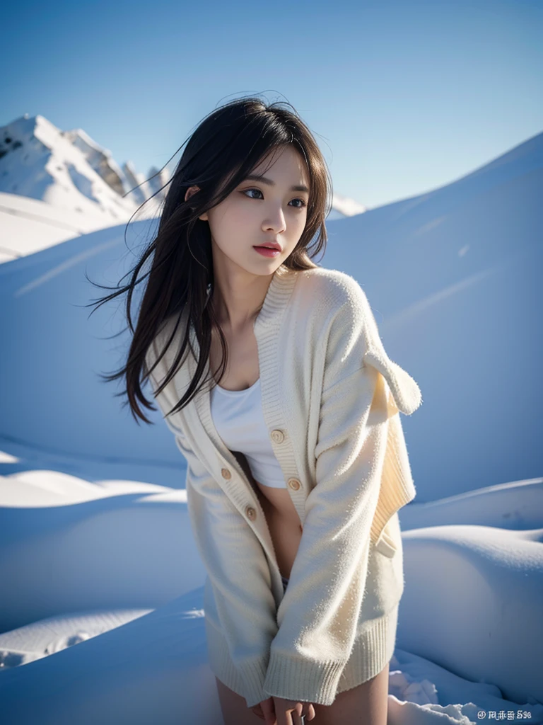 (((masterpiece))), (((high resolution))), (((8K))), (((Perfect face))), (((The beauty of the Arctic horizon))), 35 years old ,(( (Pretty Face))), (((Vest))), , Gentle expression, Looking at the camera, (thigh), Great eyes, Delicate texture, Standing Figure, full, Large target, (((masterpiece)) ), sunrise, turn around, butt