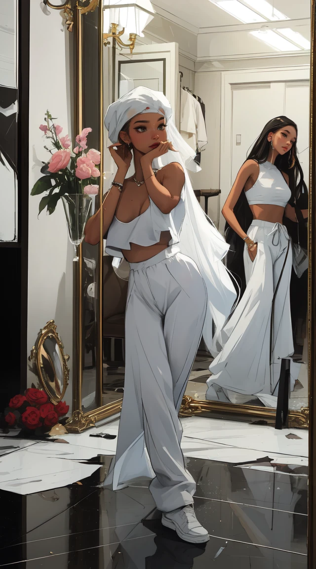 Creative photography in the mirror, face reflection in mirror, The mirror shattered,The air is littered with shards of glass, beautiful woman, Ultra HD portraits, (high quality) (Ultra-detailed) Looking at the audience dressed in hip-hop style streetwear; distinct, Colorful, White cigar trousers 🌈