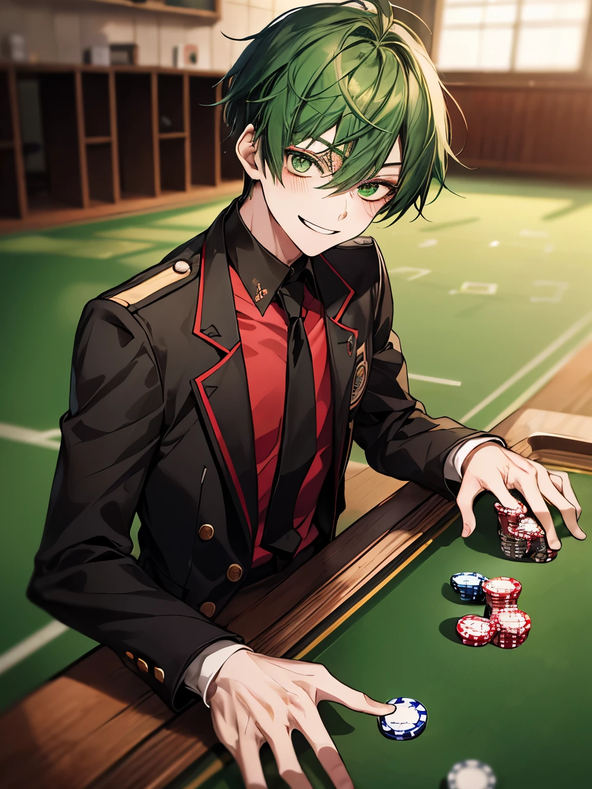 Green hair and eyes, young boy, ager, , school, black and red uniform, kakegurui, smiling, male, poker chips