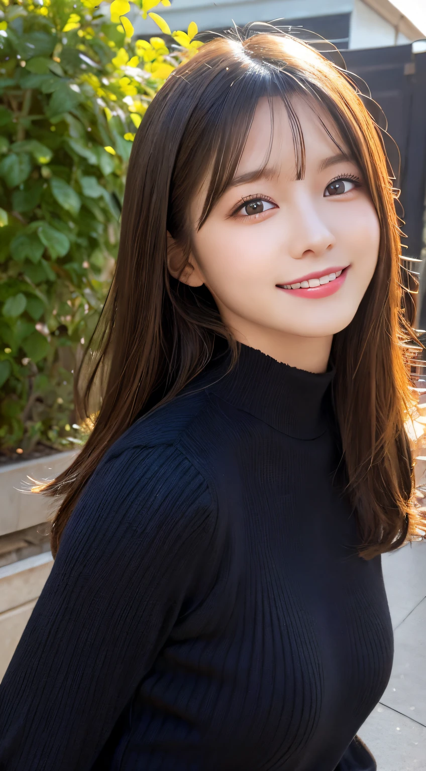 masutepiece, Best Quality, Illustration, Ultra-detailed, finely detail, hight resolution, 8K Wallpaper, Perfect dynamic composition, Beautiful detailed eyes, black long sleeve knit dress,Straight hair,Small breasts natural color lip, Randomly sexy poses,Smile,Home、20 years girl、Cute、Sexy shot looking at camera,Perfect and beautiful face
