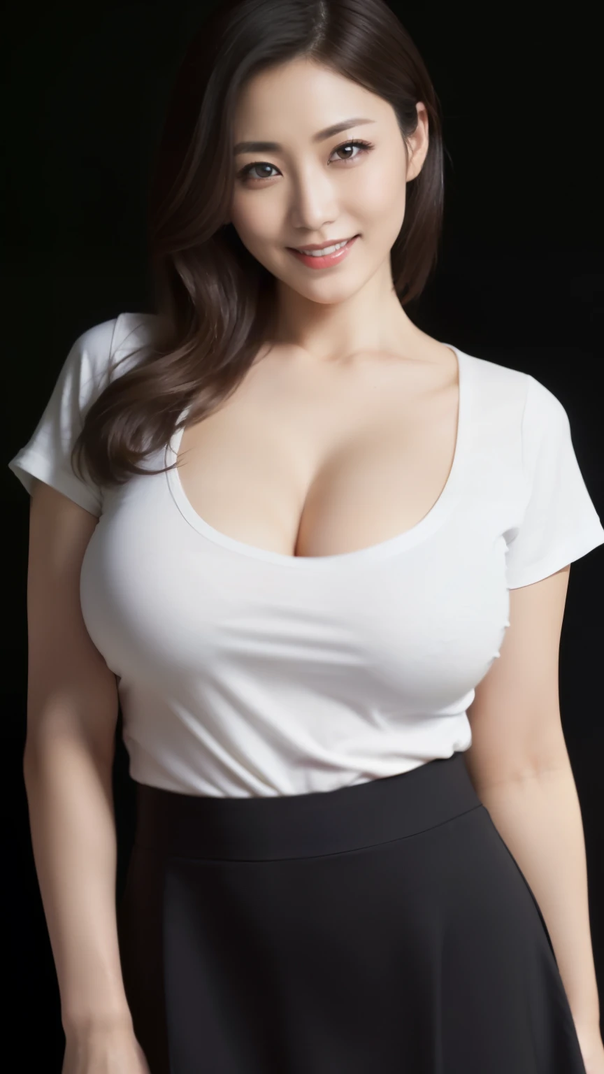 Japan woman in white t-shirt、
(((masterpiece))), ((highest quality)), ((intricate details)), (((超realistic)), Unorganized resolution, mature woman, mature woman, law of near and far, very detailed, realistic, 1 girl, ((big breasts)), perfect hands, Detailed fingers, beautiful and fine eyes, long hair, black eye, black tight skirt, detailed background,perfect eyes, enchanting eyes, look at the audience, from the front、Take a full body photo、laughter、thighs