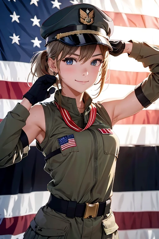 (8K), (best quality), (muste piece: 1.2) Cute American female tank soldier saluting The moment when the medal is awarded
