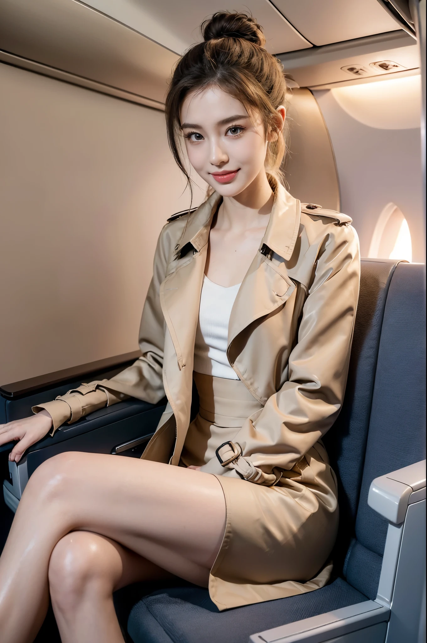 ((((8k))),((Extremely meticulous CG)) ,(wallpaper),16k,((Extremely refined and beautiful)),(((Masterpiece))),(((best qualtiy))),(((Ultra High Resolution))),beautiful light up,Perfect lightning,realistic shaded,[A high resolution],(Smooth and flawless fair skin:1.5),(pale skin:1.3),Extremely exquisite facial details,(perfect body:1.1),ultra-detailed,A beautiful girl,small head,(short ponytail:1.1),(bun hair:1.1),small face,Exquisite makeup,(small breasts:1.1),flat chests,slim,thin,happy,(smile:1.2),(trench coat:1.3),(slender legs:1.2),(pantyhose:1.2),(sneakers:1.1),(day scene:1.5),(In a passenger plane:1.5),(In the aircraft cabin full of passengers:1.3),seats,(detailed background:1.5),(Sitting in the seat:1.3),(arms behind back:1.2),(full body:1.2),(from front:1.3),(Surrounded by crowded crowds:1.3),