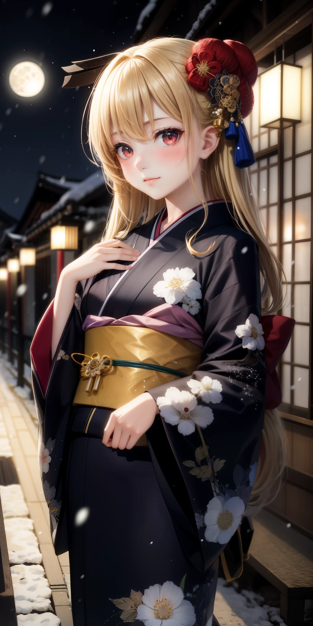 anime, 1 girl, blonde, red eyes, kamimetsu, blush, Kyoto, snowfall, moon, kimono