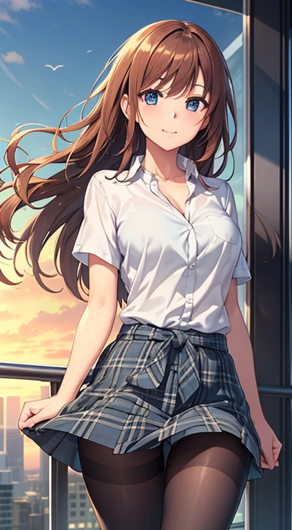 ((best quality, high resolution, pixel perfect, 4K))), 1girl in, single, alone, Beauty、see whole body、 ((Long hair to waist, Bangs, reddish brown hair)), ((blue eyes, beautiful eyelashes, realistic eyes)), ((Detailed face, blush:1.2)), ((smooth texture:0.75, lifelike质感:0.65, lifelike:1.1, Anime CG style)), medium breasts, Perfect body, ((black short sleeve shirt, light blue skirt, Plaid skirt,Black tights)), smile in love, Bend forward, Lift your skirt with both hands、(The wind was so strong that my skirt blew over,The chest is exposed、Black tights),Skyscraper observation deck at night