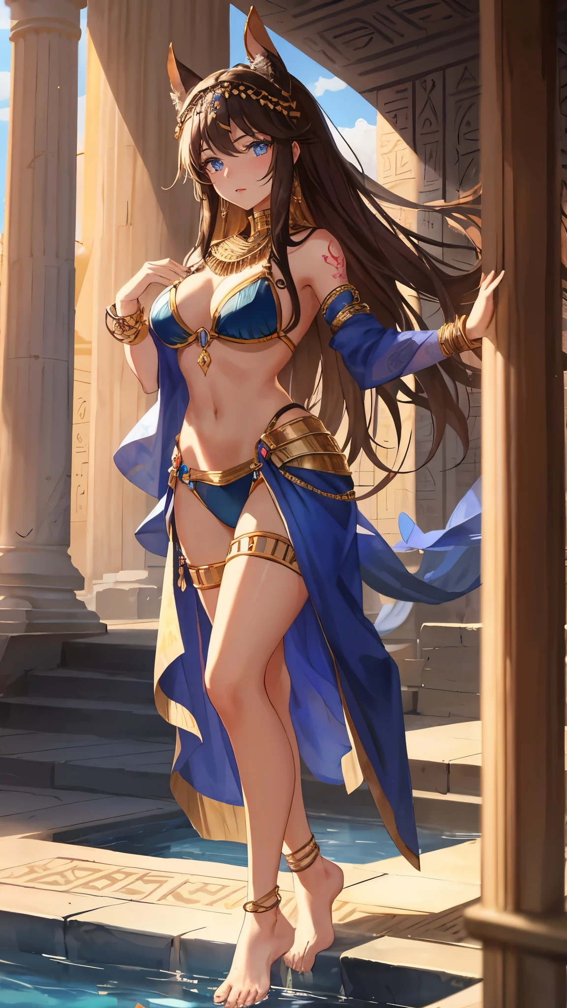 A captivating full body close-up of a Western Region Dancer, immersed in the intriguing world of fantasy. Her long, dark brown hair cascades down her shoulders, adorned with exquisite jewelry - a gold head chain, a delicate necklace, and a collar accentuating her wheat-colored complexion. Dressed in an exotic bikini costume, the humanoid dancer strikes a pose, her blue eyes gleaming with determination. The temple of Egypt looms behind her, bathed in the soft glow of red light yarn, two longer legs sprawled gracefully to one side. Her bare feet connect her to the earth as a tattoo adorns her