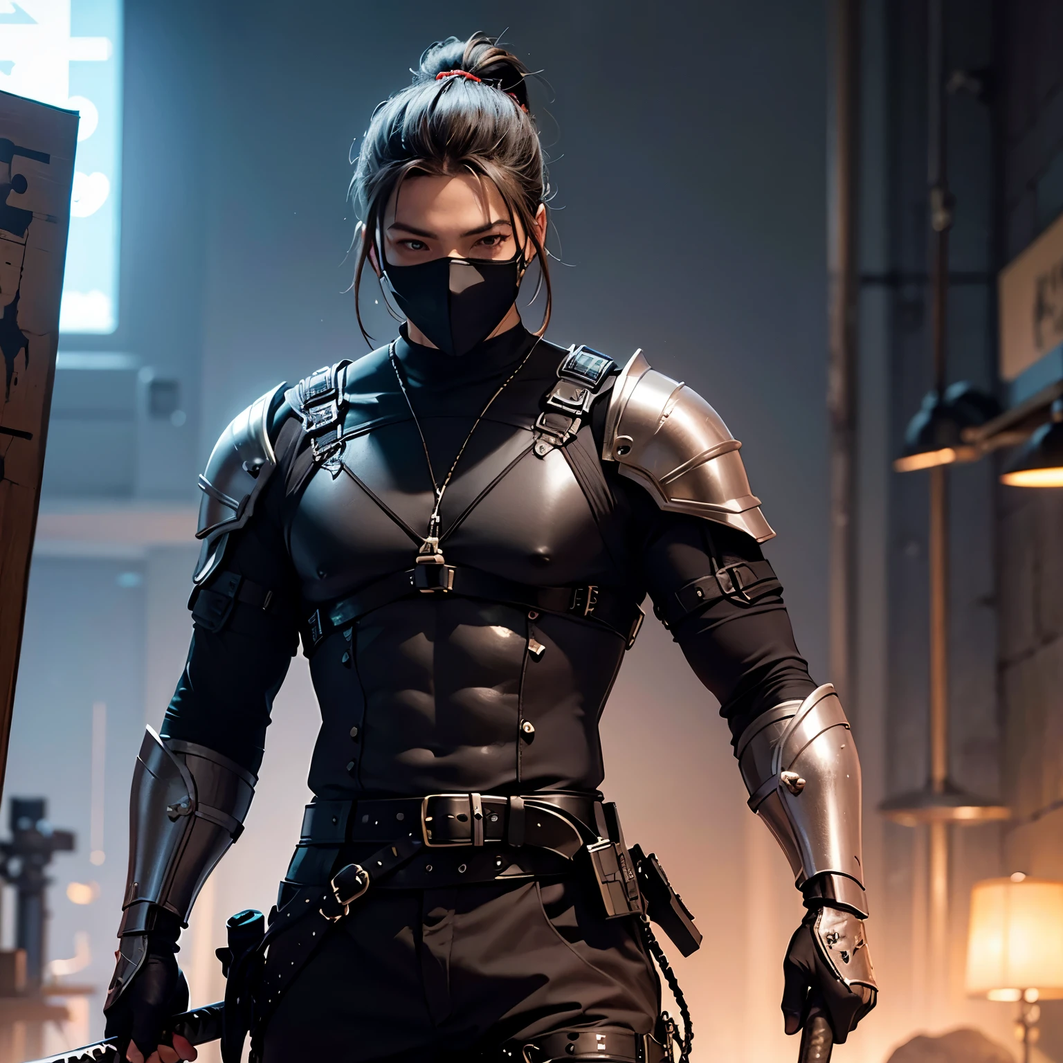 a man, muscular body, hair tied up, holding a katana,wearing armor, wear a mask,cyberpunk, high quality, masterpiece,