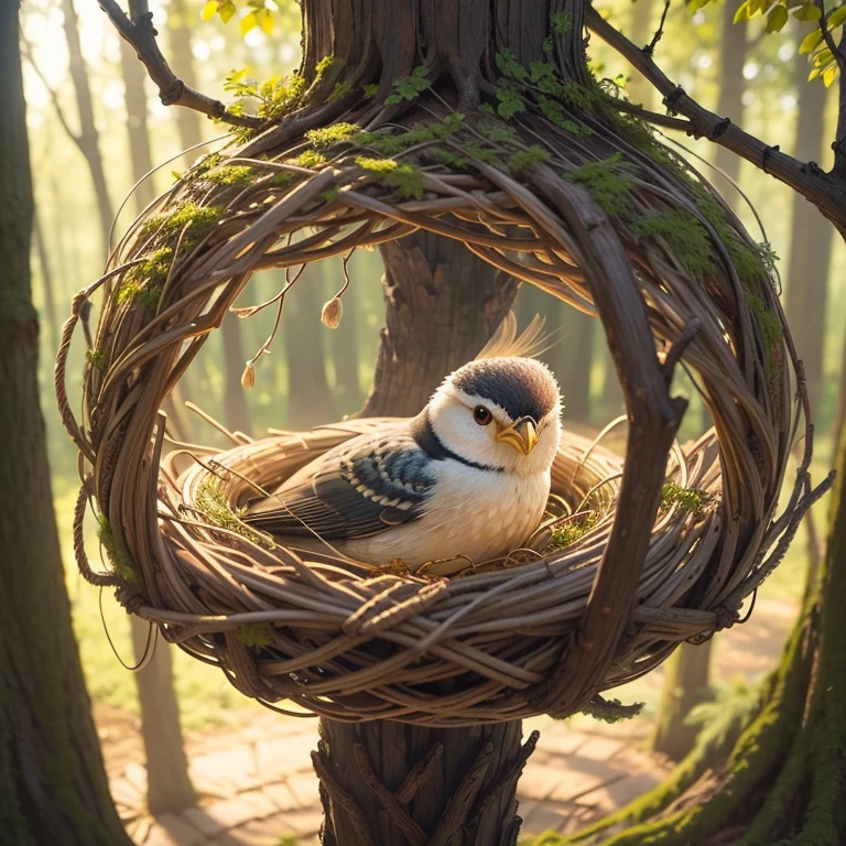 Create a close-up image of a forest during a severe storm, with broken branches and leaves being blown away by strong winds. In the center of the image, also in close-up, depict a nest with a mother bird calmly sitting over her chicks, conveying a sense of peace and tranquility amidst the chaos of the storm. The scene should clearly illustrate the concept of "Peace in the Midst of Chaos," showing the contrast between the violent storm and the calmness of the nest.