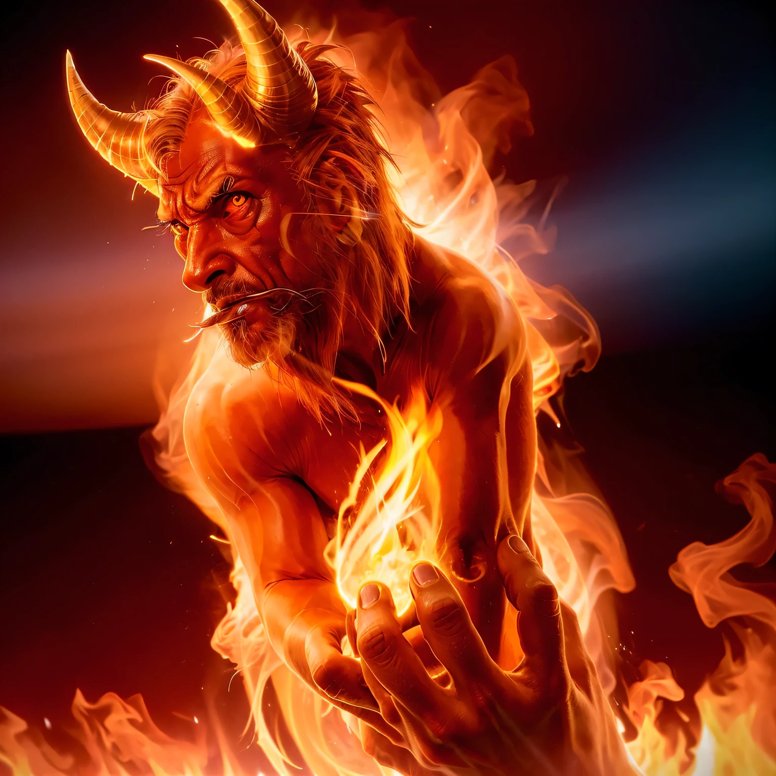 Burning Devil,　A male demon、Horn、looking at the viewer、(red fire:1.4),
good hand,8K, High resolution, masterpiece, highest quality, head:1.3,((hasselblad photography)), sharp focus, (cinematic lighting), searchlight light、eerie smoke around、clavicle, night, soft lighting, dynamic angle, [:(detailed face:1.2):0.2], outside, city,Monochrome background, 