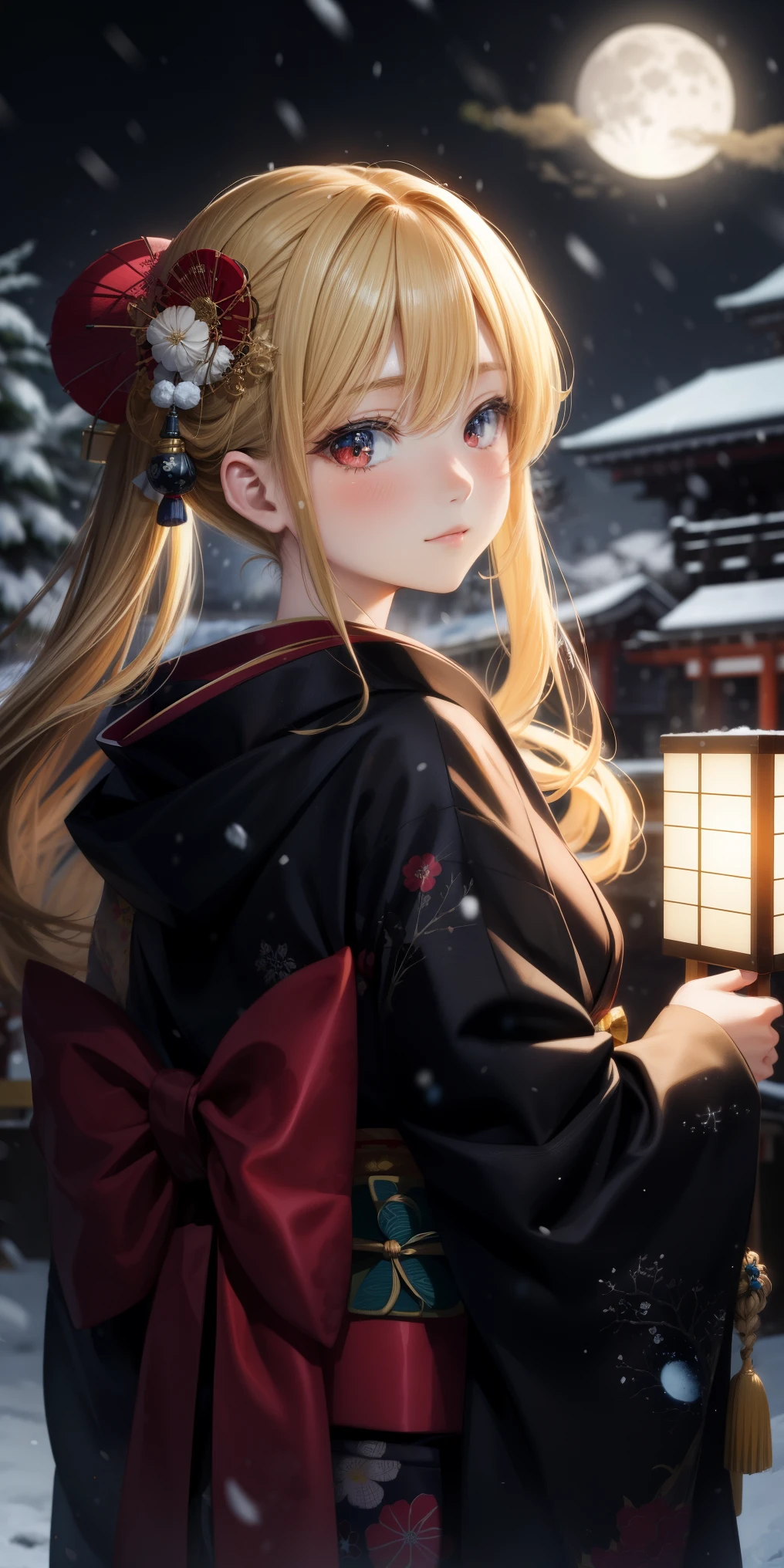 anime, 1 girl, blonde, red eyes, kamimetsu, blush, Kyoto, snowfall, moon, kimono