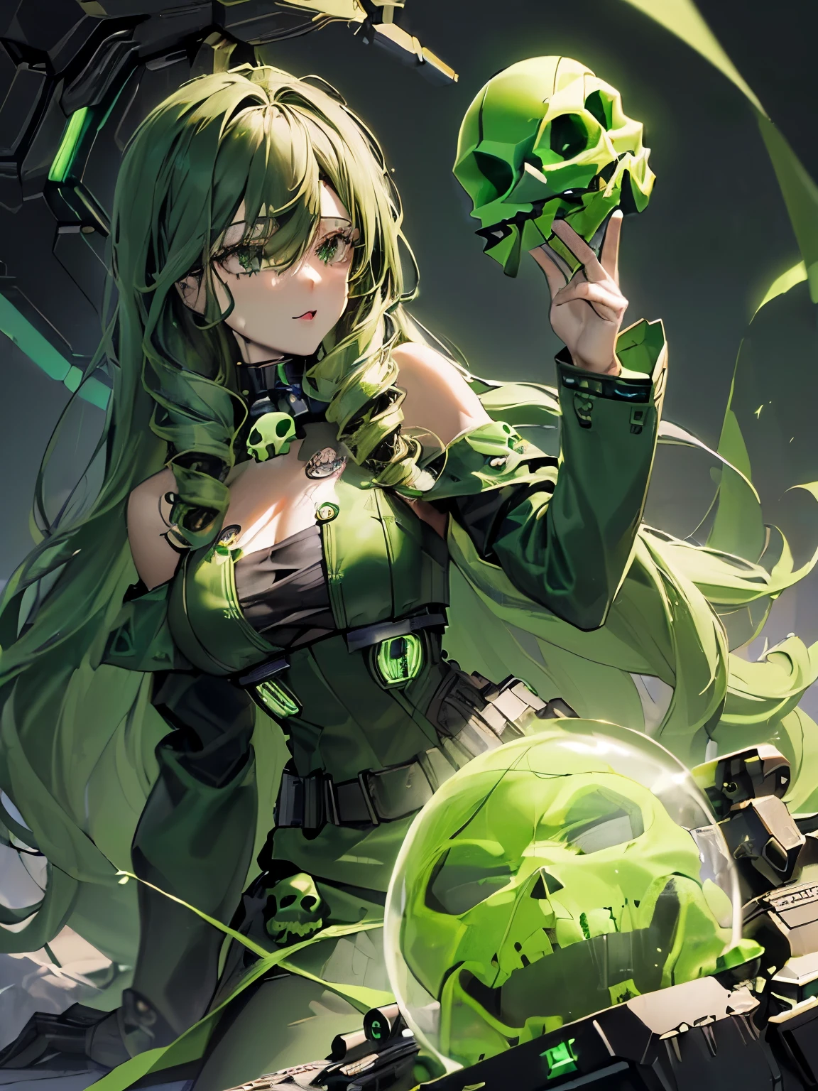 ((green skull:1.5)),((Long hair with curls and volume:1.2)),((darkgreen:1.6)),((Cyborg body:1.4)),((green sphere:1.3)),((fantastic and fantasy world:1.5))