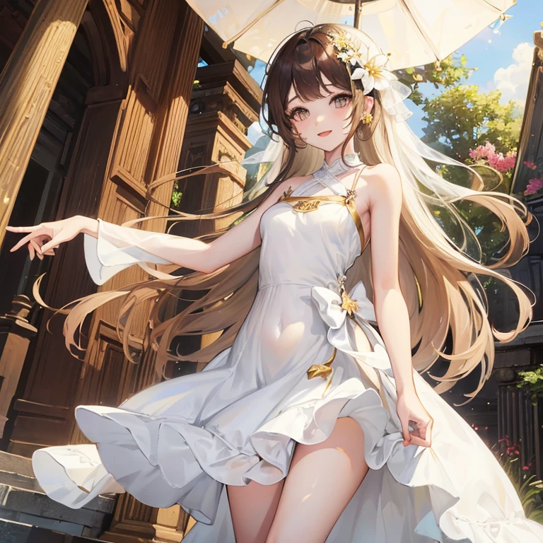 Bautiful skins、beautiful breast、nsfw, Floral javanese dress clothes、long dark brown wavy hair, flower hairpin、smile at camera, big gold flag at top of temple, atmospheric of bless, amazing, summer, In the prambanan temple, walking in the road, gold accent, ((White_Summer_Dress:1.5)、1 girl, solo, Small breasts, Skinny Legs, upskirt, add letter "princess of java".
