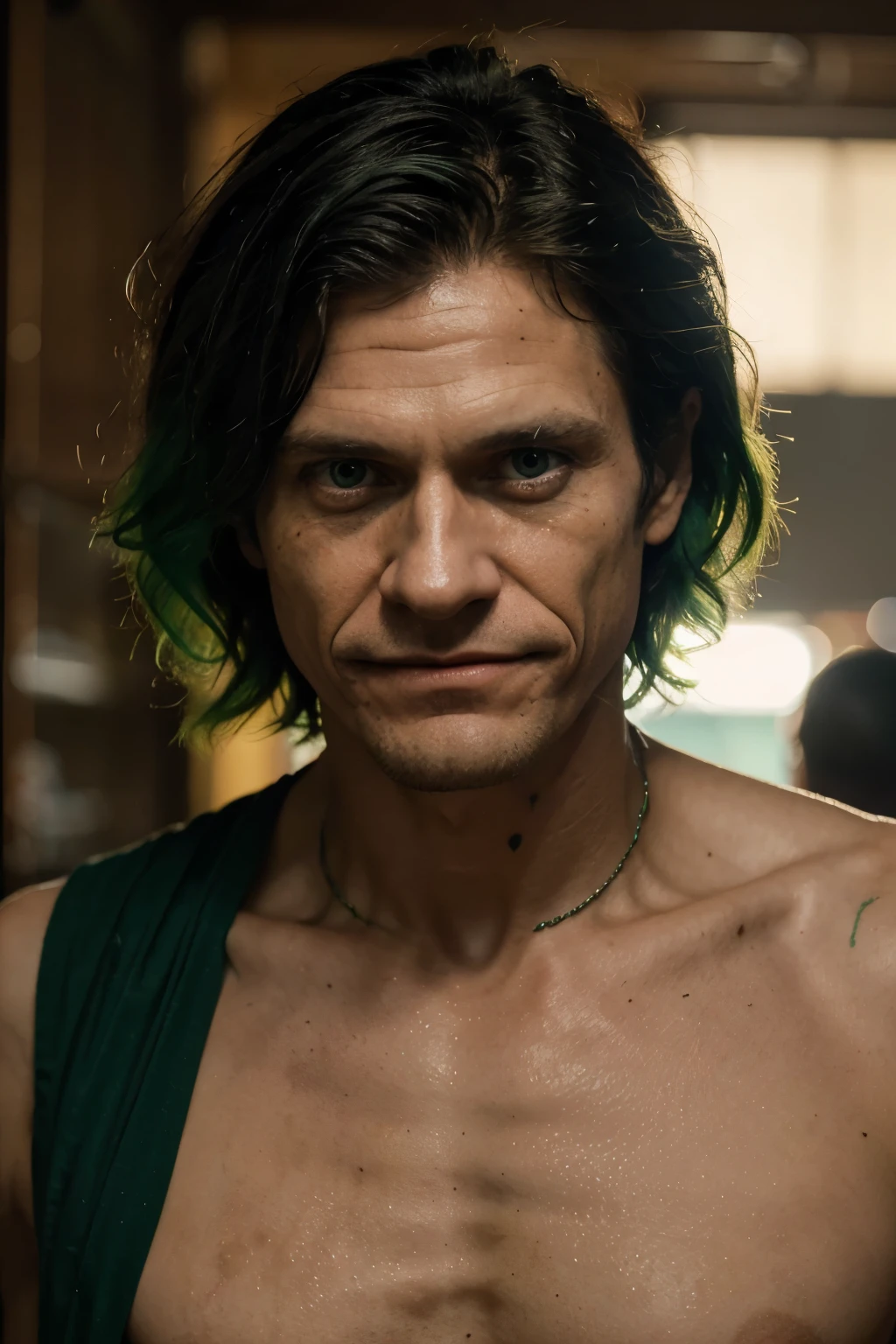 joker man, willian dafoe,comprimento total , ???? you , Sorriso Louco , careta maligna , alto detalhe , Cinematic image , toxic green hair , dentes detalhados , Gengivas cor de sangue , boca sangrenta , olhar louco , olhar maligno , rijo , vinheta , fundo escuro , Chamas ao fundo , HDR , Texturas 4K ,