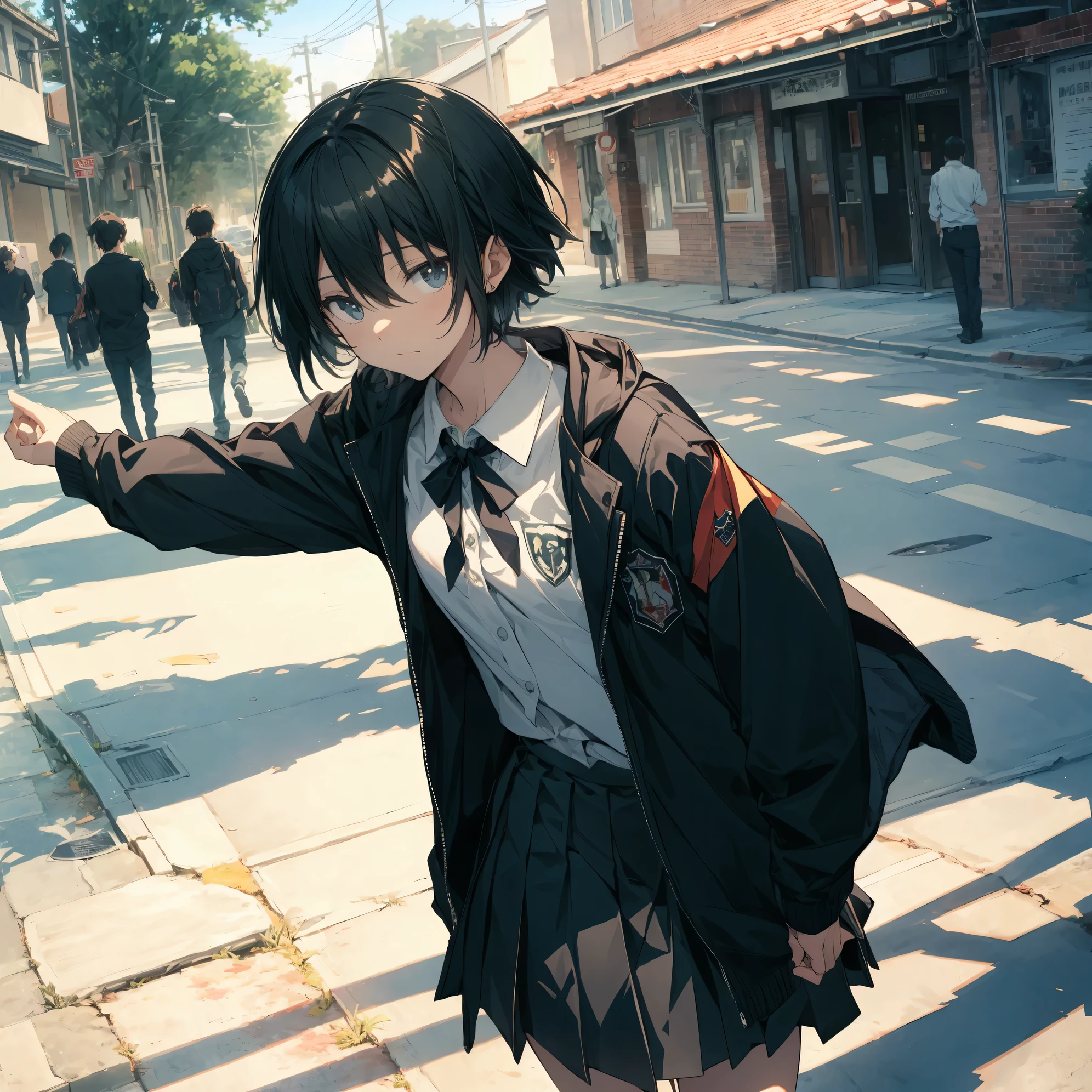 Super high quality by the art god, super detailed, High resolution,Shinkai Makoto style, anime moe art style, best anime 8K konachan wallpaper, pixiv contest winner, perfect ???????, break,(眠そうにalone学校へ行く女の子を描いてください. ),break, surreal high school girl, (alone,lolita, , 13 years old:1.3),All limbs, full finger,, androgynous charm, (very short hair), messy hair, flat chest, small ass, between legs, Small black eyes,beautiful and fine eyes, Well-proportioned iris and pupils, disgusted eyes, High resolutionの詳細な髪, wearing school uniform, (skirt), On the way to school. break,super dense skin, Best lighting by famous artists, 8K, figure,