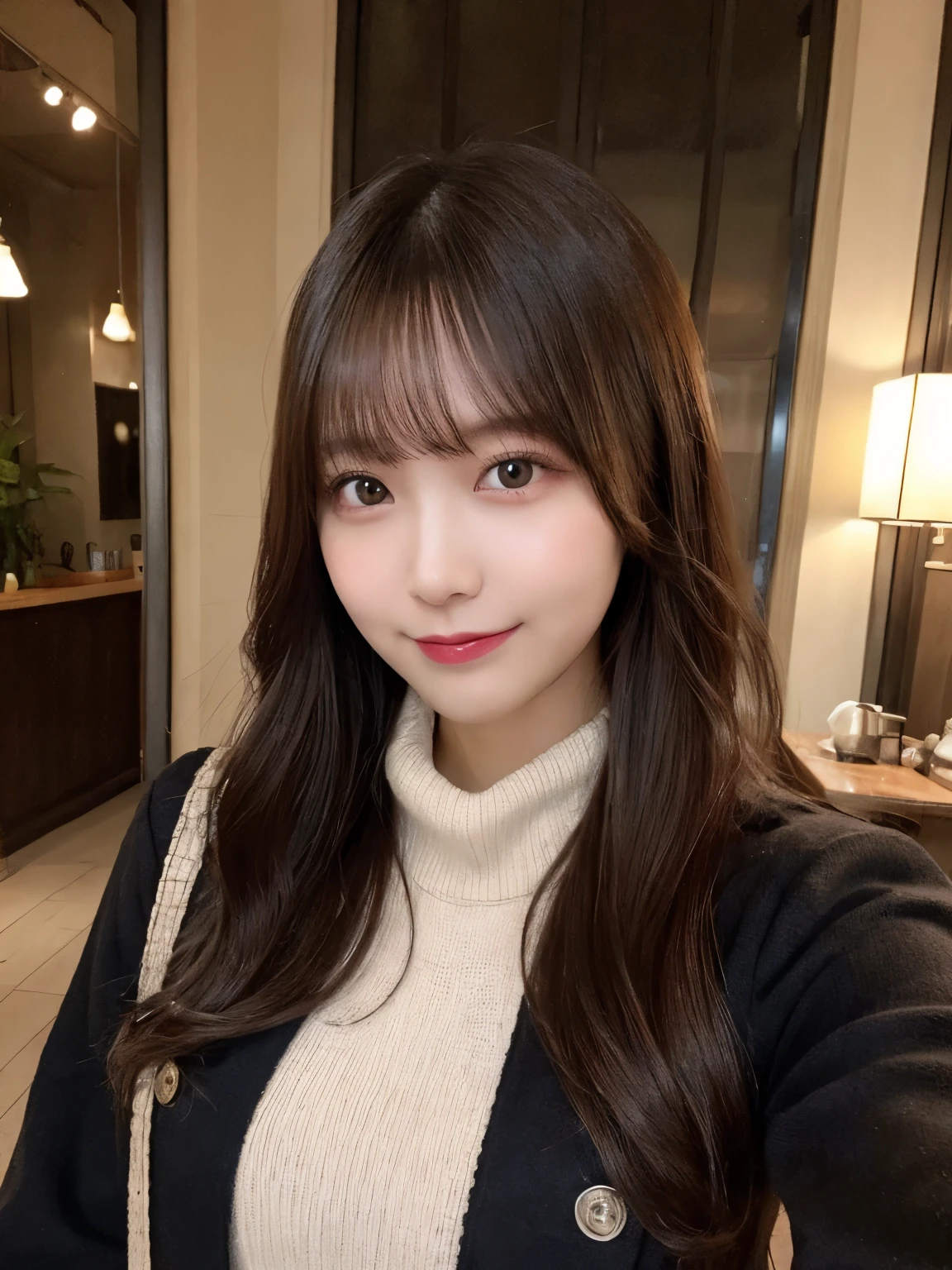 Cafe background、knee high boots:1.2、Full body image:1.4、before going out、smile、It's cold outside、selfie、live-action、22 years old、The whole body is shown:1.2、muste piece, highest quality, illustration, super detailed, finely, High resolution, 8k wallpaper, perfect dynamic composition, i am a photographer, she is a model, detailed and beautiful eyes, wearing a coat、wearing a muffler、knit,long hair, big breasts, natural color lip, random sexy poses