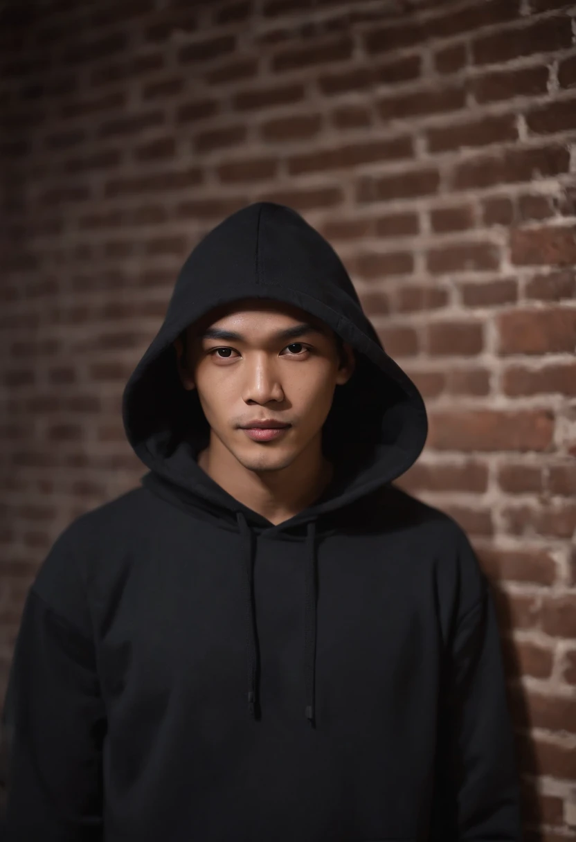An cinematic image of a mysterious, creepy, Malay man that looked shrouded in mysteries wearing a cap and black hoodie on the brick wall, neon background, f1.8