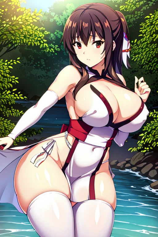 masterpiece, high resolution, best quality, beautiful art, 1 woman Yunyun, big breasted, cleavage, white kunoichi dress, full body , sexy outfit, pelvic curtain, sexy legs and thighs, full body, peeking on her white panties , dancing seductively, looking at the viewer, smirking, beach environment