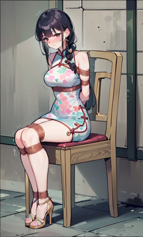 masterpiece, best quality,alone,((Imprisoned)),((blush)), ((tears)), (()),((Exhausted)),((High heel)),((cheongsam)), (((()))),((arms_behind_Back)),((legs together)), ((Bondage)),((chaili)),