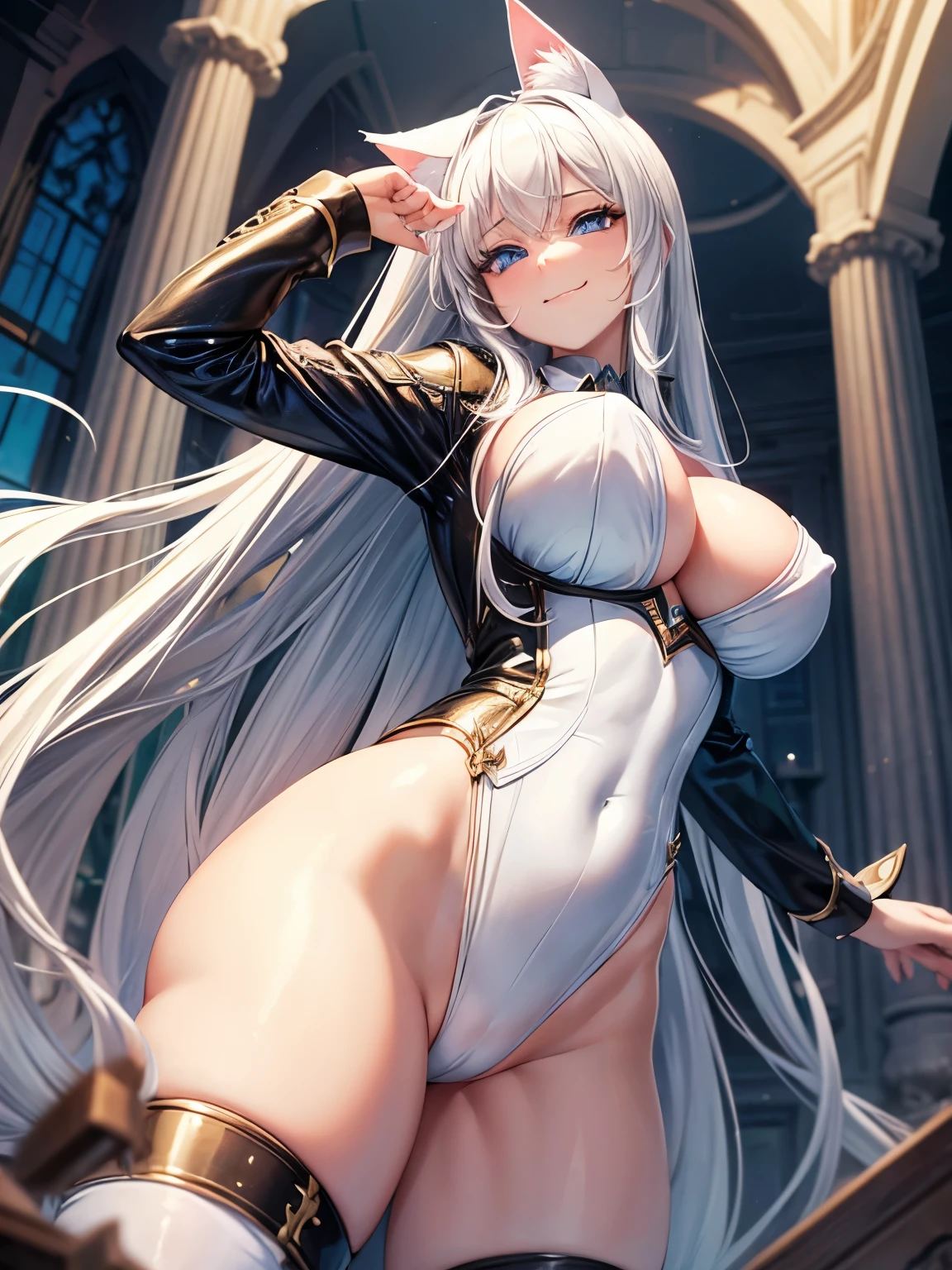 (Masterpiece), (best quality), 1girl, (angle from below)+++, smirk+, long hair, white hair, cat ears, blue eyes, (big breasts)++, (wide hips)++, bunny suit