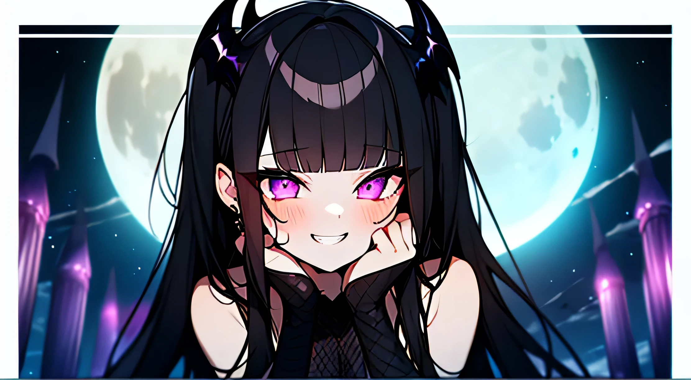 (moon night), alluring succubus,, vampire, dark gothic, Fishnet tights, black, (black hair), asymmetrical bangs, dull bangs, straight hair, long sideburns, both sides up, devilish girl, eyes are purple, teeth, make your eyes shine, cute, cute系, naughty smile, 八重teeth, power of darkness, cowboy shot,