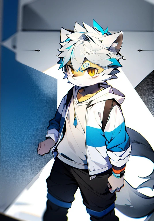 Wolf，gray hair and pupils，and white coat color，Lovely，Lively，horny boy，,Wear a white patterned sweatshirt，Lively可爱，shorter pants, Wind element，hairy