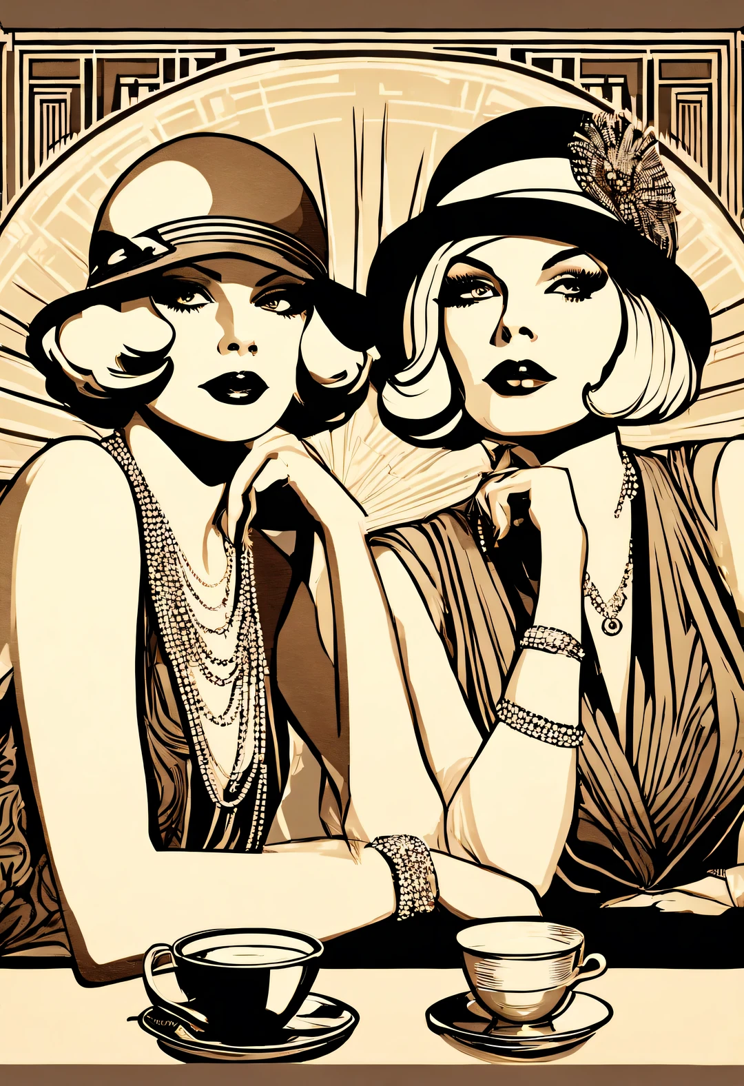 magazine design style , portrait,
Two women in fashionable clothes sitting at the table,Coffee on hand, The atmosphere of the 1920s, 1 9 2 0 s style, 1920s style, Roaring 20s, 1 9 2 0 s fabric style, Dressed in 1920s fashion, roaring twenties, Dystopian retro 1920s vibe, Art Deco era,(blond:1.34),