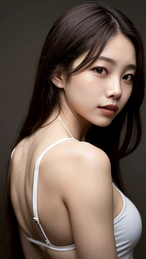 highest quality, masterpiece, Ultra-high resolution, (Realistic:1.4), RAW Photos, 19 years old, Simple gray background, ((Micro Bikini、Upper Body、Lean forward、Disheveled Hair)), Looking at the audience