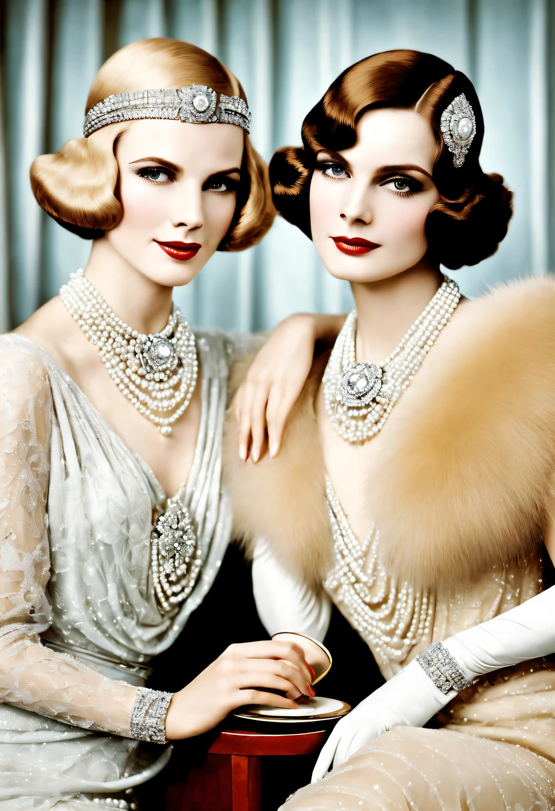 magazine design style , portrait，
（ Two women in fashionable clothes sitting at the table，Coffee on hand,Sitting at the table wearing a high-end fur coat），stills ，vintage ，The atmosphere of the 1920s, Art Deco， （blond：1.34），（Fur coat has delicate texture，smooth visible velvet），Wear pearl jewelry，Advanced custom lace clothing，perfect fingers，（bright, White skin），（Stacking accessories），Luxurious and plump pearls，everything is clear，Composed of beads and brilliant diamonds，Pearls are usually round，（Each bead is the same size），Carefully selected、burnish，Smooth and delicate surface，Soft shine，Diamonds are the most dazzling part，They are cleverly mounted on metal frames，Contrast with pearls，Make the whole bracelet look noble and elegant，gorgeous、Exquisitely crafted diamond rings and bracelets，tiara jewelry，Dressed in 1920s fashion, 1920s hairstyles, 1 9 2 0 s style, 1 9 2 0 clothes, 1 9 2 0 s fabric style,Art Deco，(best quality,8k,high resolution,，super detailed,(actual,lifelike,lifelike的:1.37),super clear，portrait,Creative style artwork,,classical,