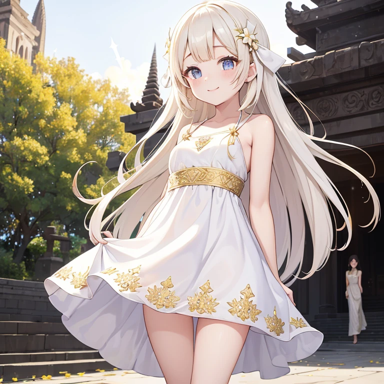 Bautiful skins、beautiful breast, Floral javanese dress clothes、long dark brown wavy hair, flower hairpin、smile at camera, big gold flag at top of temple, atmospheric of bless, amazing, summer, In the prambanan temple, walking in the road, gold accent, ((White_Summer_Dress:1.5)、1 girl, solo, Small breasts, Skinny Legs, upskirt