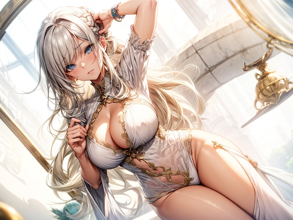 （Enrich the picture，Masterpiece level quality）,Beautiful 8K CG artwork,1girl,solo,morgan le fay (fate),detailed face, perfect face, perfect eyes,blue eyes,Long Hair, pony tail,Very long hair, big boob,thighs,side locks, French braid, grey hair,Slim and soft,big breasts,