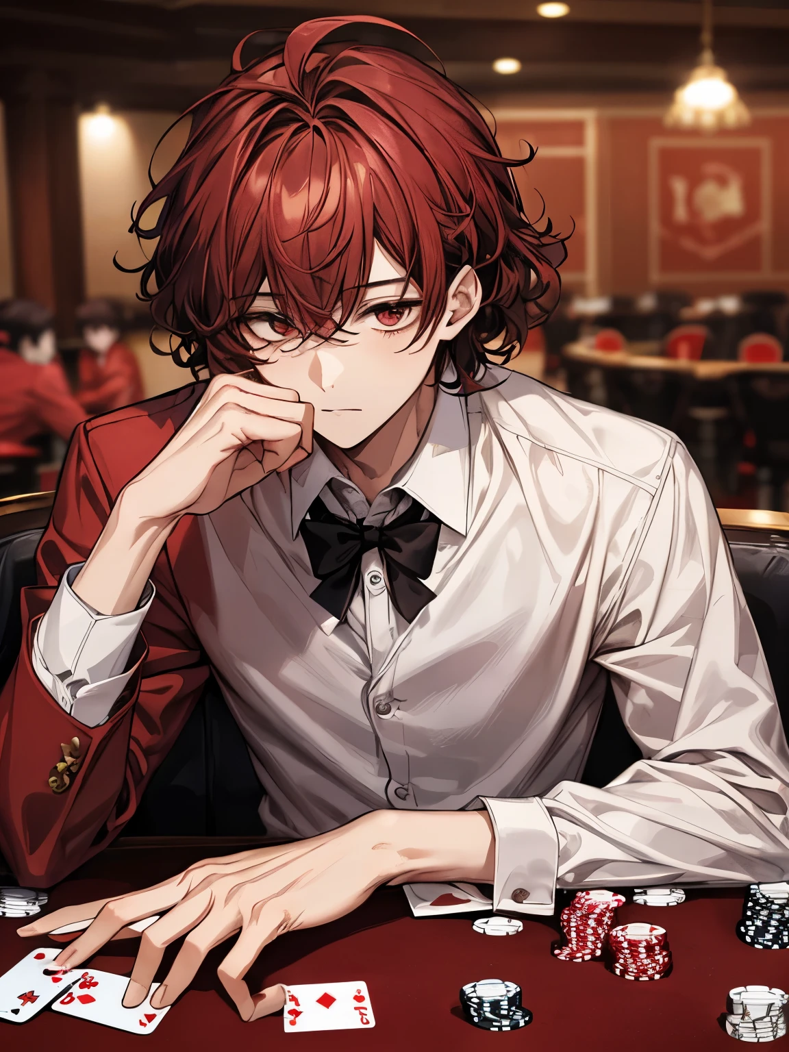 a boy with curly straight darked hair, wearing red suit and white shirt playing poker card