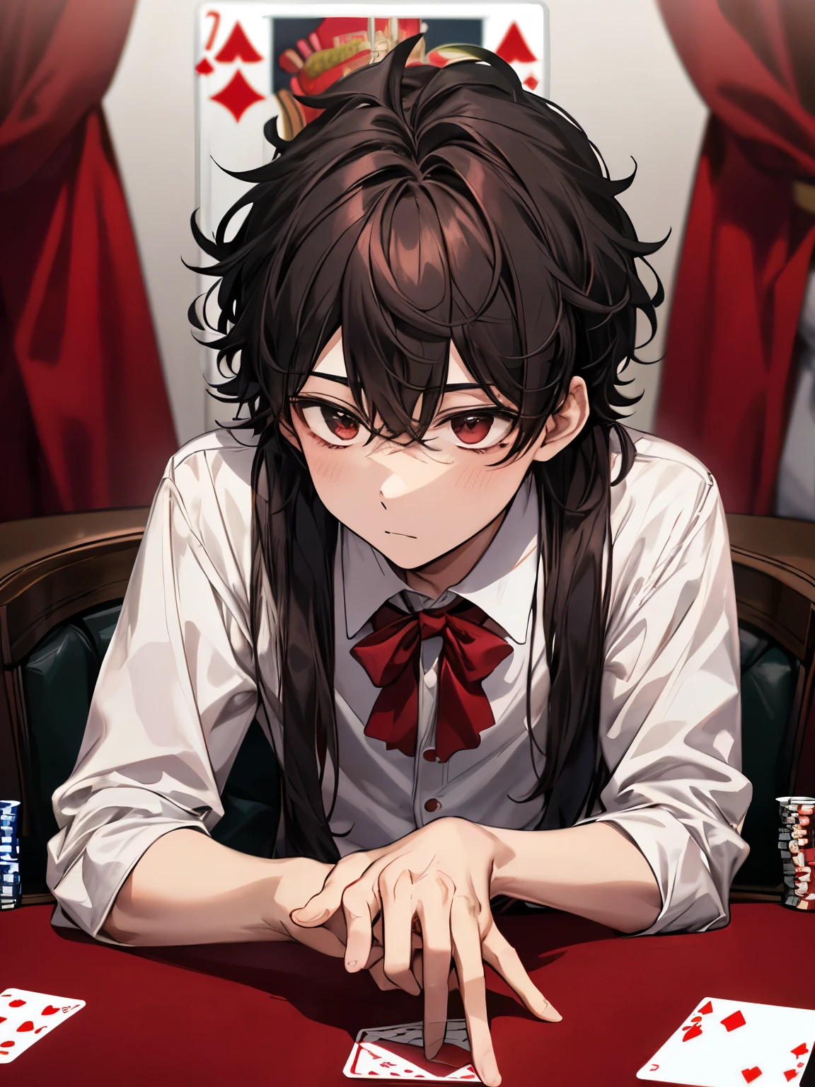 a boy with curly straight darked hair, wearing red suit and white shirt playing poker card