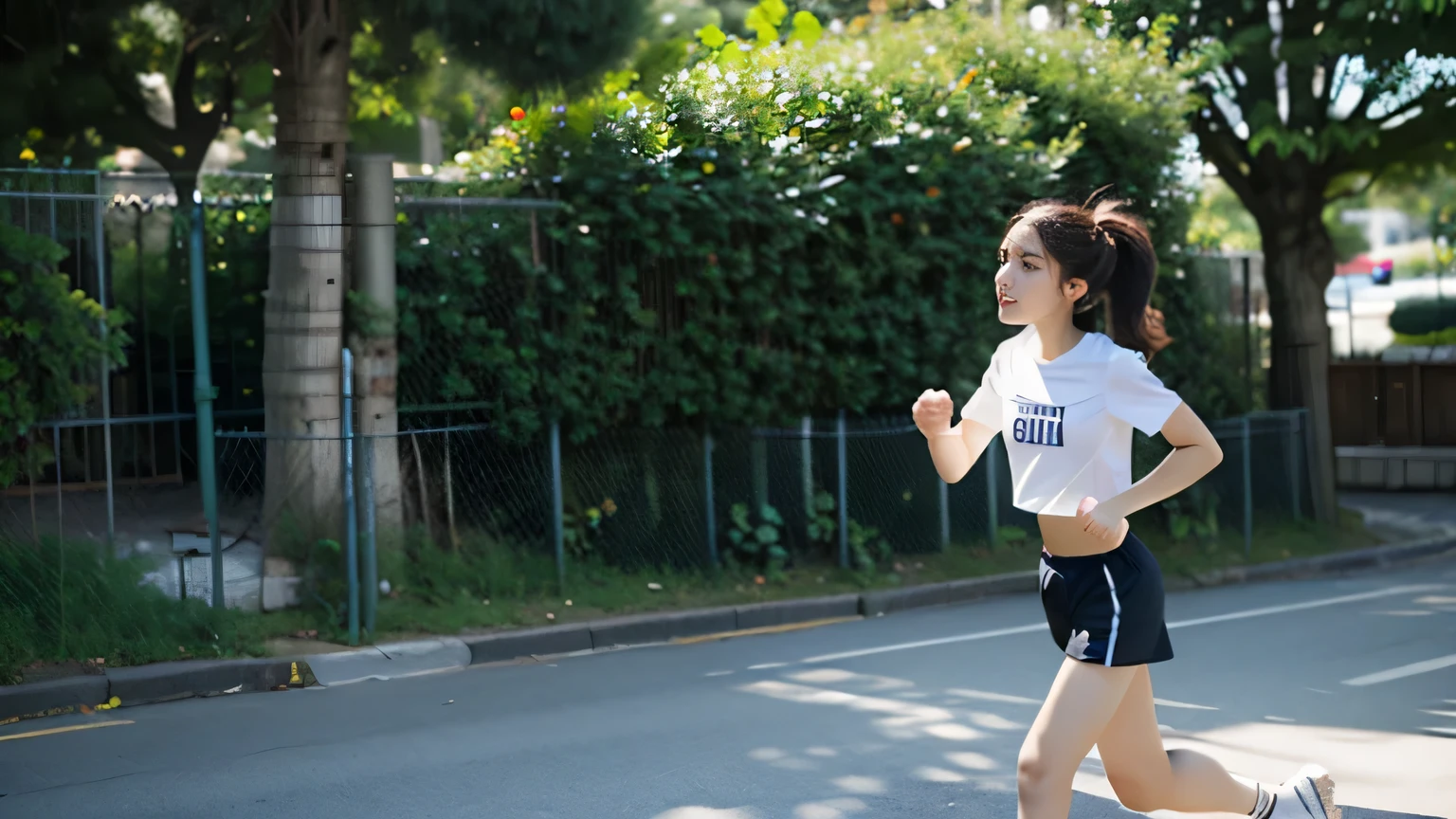 a girl,Wear sportswear,short sleeves,hot pants,Under the shade of the city,running:1.3,side view