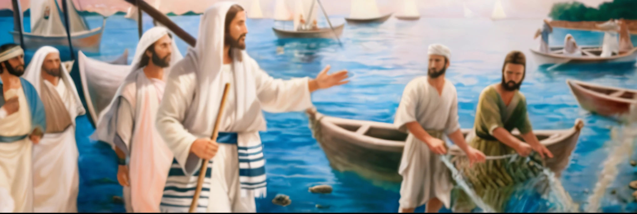 painting of jesus walking on the water with other people, jesus walking on water, jesus, he has a treasure with him, biblical painting, epic biblical depiction, beautiful image ever created, artistic depiction, bible illustration, beautiful depiction, astonishing detail, by Antonio Ciseri, by senior artist, bright light masterpiece, the lord and savior, jesus christ, biblical art style