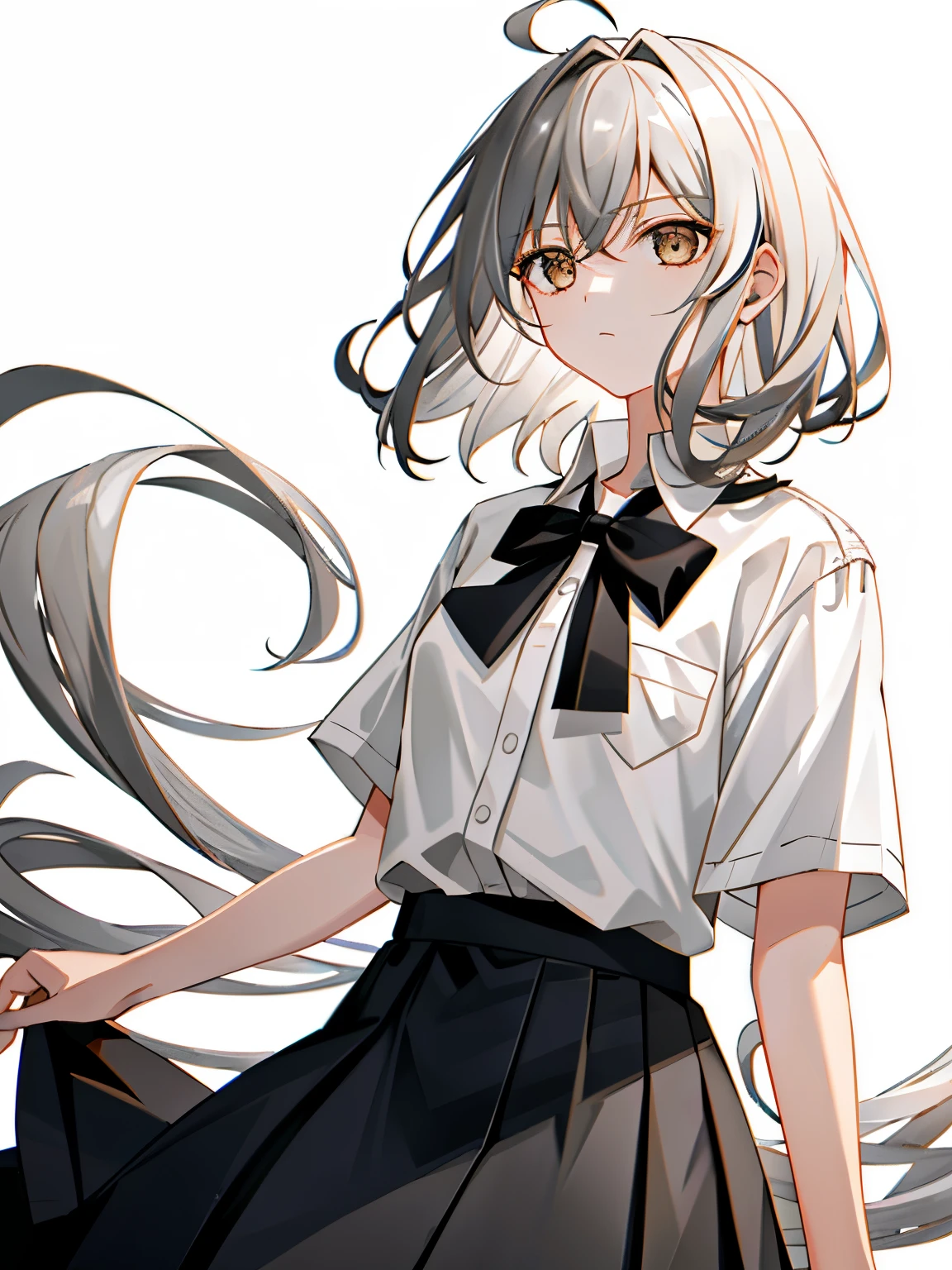 (1 girl), (alone), (female focus), (Ahoge, gray hair, short hair), black eye, ((white shirt), (buttoned shirt)), ((black skirt), (long skirt)),stand，white background，