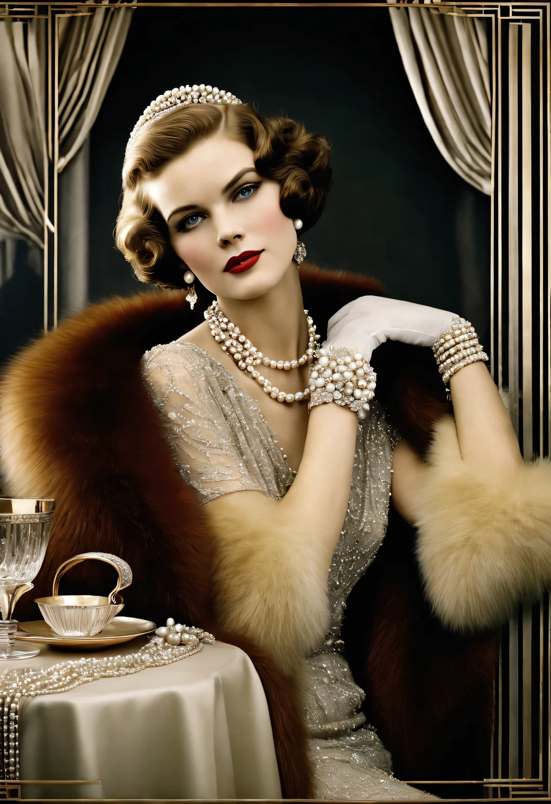 magazine design style , portrait,
( Two women in fashionable clothes sitting at the table,Coffee on hand,Sitting at the table wearing a high-end fur coat),stills ,vintage ,The atmosphere of the 1920s, Art Deco, (blond:1.34),(Fur coat has delicate texture,smooth visible velvet),Wear pearl jewelry,Advanced custom lace clothing,perfect fingers,(bright, White skin),(Stacking accessories),Luxurious and plump pearls,everything is clear,Composed of beads and brilliant diamonds,Pearls are usually round,(Each bead is the same size),Carefully selected、burnish,Smooth and delicate surface,Soft shine,Diamonds are the most dazzling part,They are cleverly mounted on metal frames,Contrast with pearls,Make the whole bracelet look noble and elegant,gorgeous、Exquisitely crafted diamond rings and bracelets,tiara jewelry,Dressed in 1920s fashion, 1920s hairstyles, 1 9 2 0 s style, 1 9 2 0 clothes, 1 9 2 0 s fabric style,Art Deco,(best quality,8k,high resolution,,super detailed,(actual,lifelike,lifelike的:1.37),super clear,portrait,Creative style artwork,,classical,