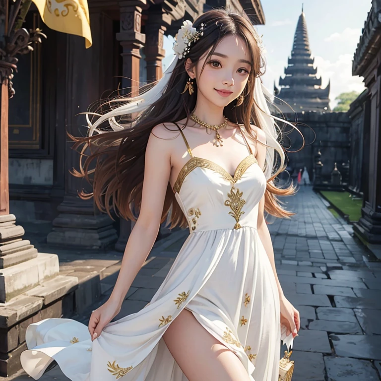 Bautiful skins、beautiful breast, Floral javanese dress clothes、long dark brown wavy hair, flower hairpin、smile at camera, big gold flag at top of temple, atmospheric of bless, amazing, summer, In the prambanan temple, walking in the road, gold accent,  ((White_Summer_Dress:1.5)、1 girl, solo, Small breasts, Skinny Legs, upskirt