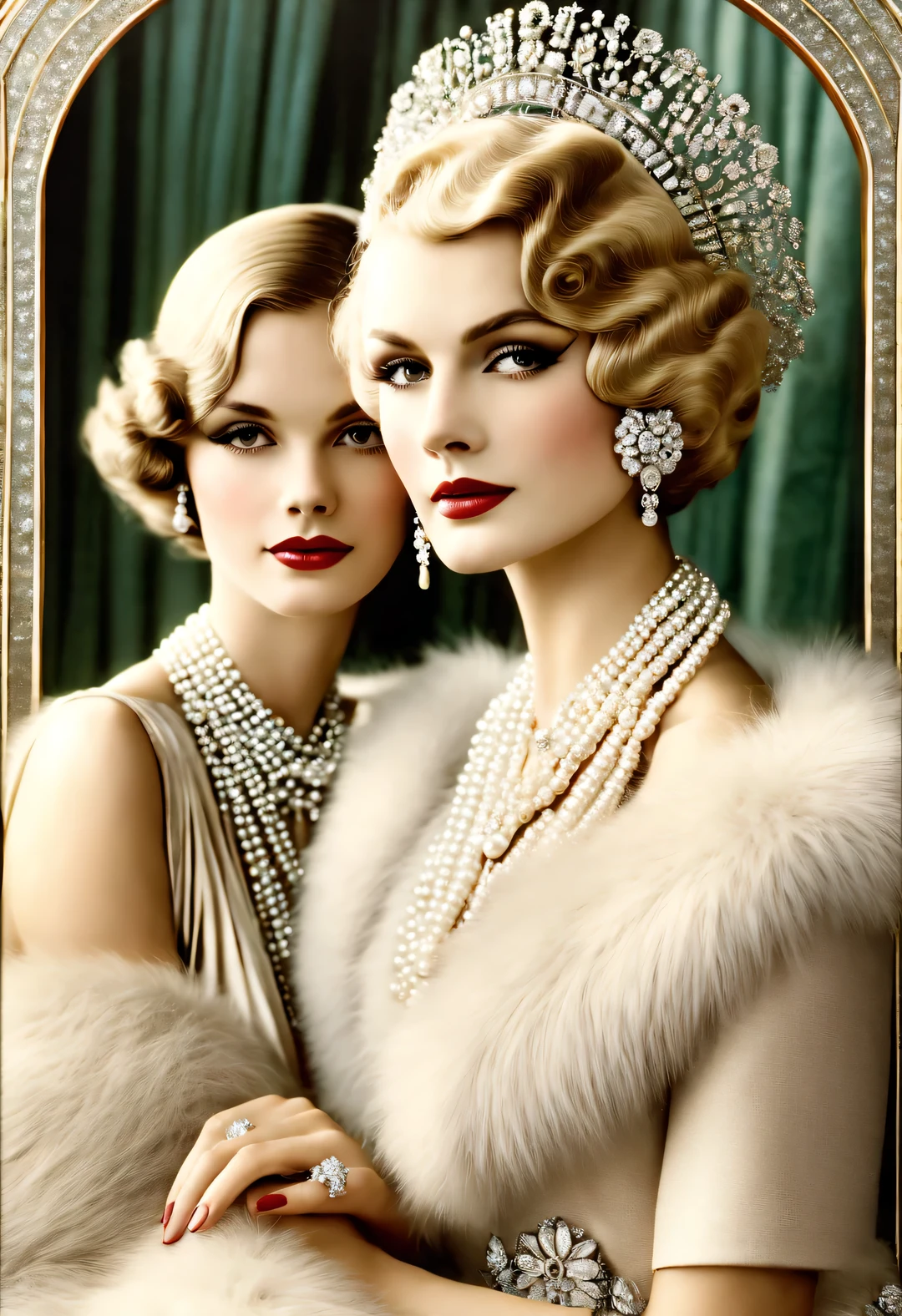 magazine design style , portrait,
( Two women in fashionable clothes sitting at the table,Coffee on hand,Sitting at the table wearing a high-end fur coat),stills ,vintage ,The atmosphere of the 1920s, Art Deco, (blond:1.34),(Fur coat has delicate texture,smooth visible velvet),Wear pearl jewelry,Advanced custom lace clothing,perfect fingers,(bright, White skin),(Stacking accessories),Luxurious and plump pearls,everything is clear,Composed of beads and brilliant diamonds,Pearls are usually round,(Each bead is the same size),Carefully selected、burnish,Smooth and delicate surface,Soft shine,Diamonds are the most dazzling part,They are cleverly mounted on metal frames,Contrast with pearls,Make the whole bracelet look noble and elegant,gorgeous、Exquisitely crafted diamond rings and bracelets,tiara jewelry,Dressed in 1920s fashion, 1920s hairstyles, 1 9 2 0 s style, 1 9 2 0 clothes, 1 9 2 0 s fabric style,Art Deco,(best quality,8k,high resolution,,super detailed,(actual,lifelike,lifelike的:1.37),super clear,portrait,Creative style artwork,,classical,