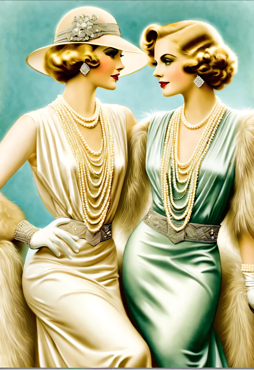 magazine design style , portrait, ( Two women in fashionable clothes sitting at the table,Coffee on hand,Sitting at the table wearing a high-end fur coat),stills ,vintage ,The atmosphere of the 1920s, Art Deco, (blond:1.34),(Fur coat has delicate texture,smooth visible velvet),Wear pearl jewelry,Advanced custom lace clothing,perfect fingers,(bright, White skin),(Stacking accessories),Luxurious and plump pearls,everything is clear,Composed of beads and brilliant diamonds,Pearls are usually round,(Each bead is the same size),Carefully selected、burnish,Smooth and delicate surface,Soft shine,Diamonds are the most dazzling part,They are cleverly mounted on metal frames,Contrast with pearls,Make the whole bracelet look noble and elegant,gorgeous、Exquisitely crafted diamond rings and bracelets,tiara jewelry,Dressed in 1920s fashion, 1920s hairstyles, 1 9 2 0 s style, 1 9 2 0 clothes, 1 9 2 0 s fabric style,Art Deco,(best quality,8k,high resolution,,super detailed,(actual,lifelike,lifelike的:1.37),super clear,portrait,Creative style artwork,,classical,