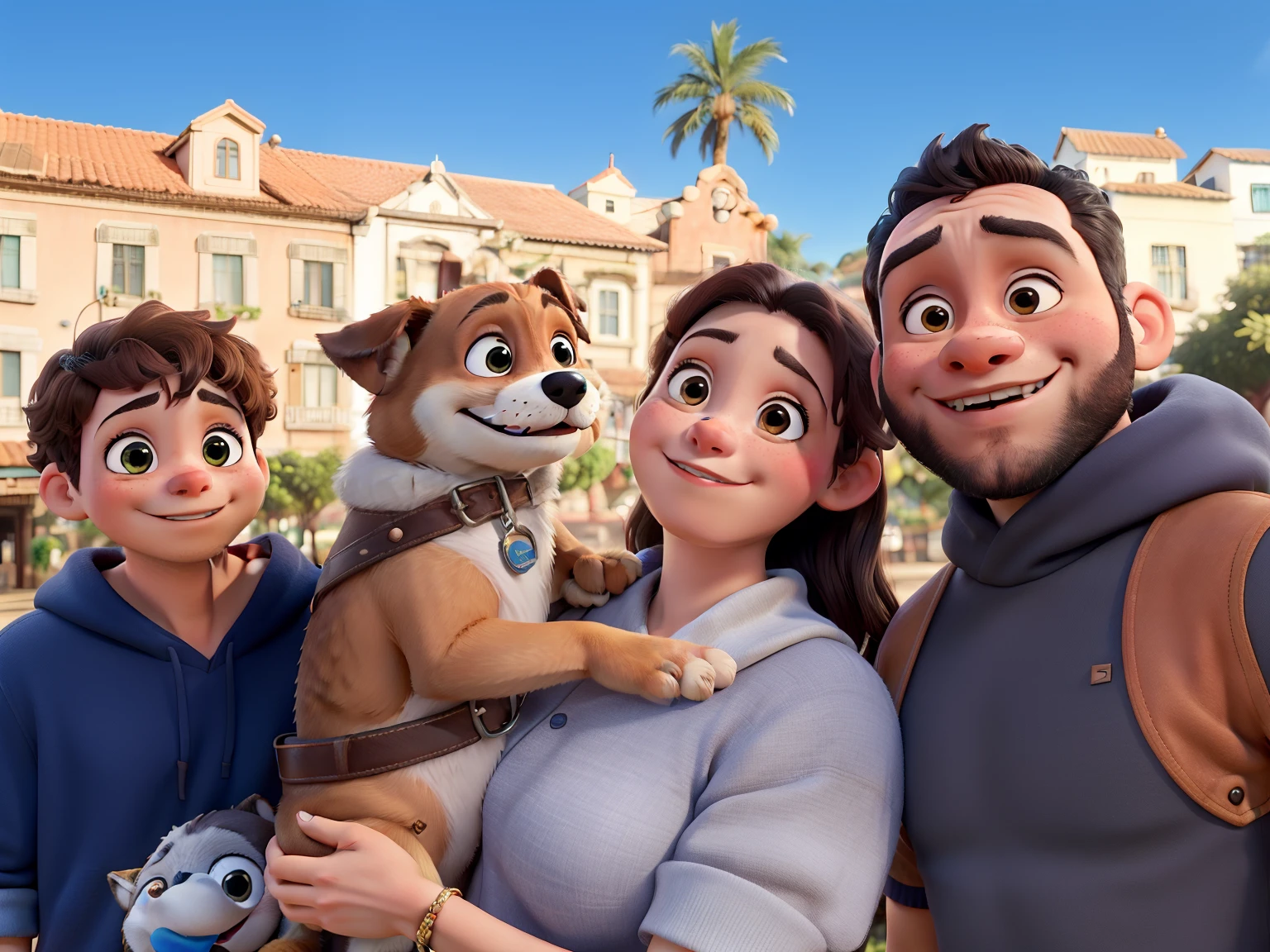 uma familia composta por pai, mae, filho e uma cachorrinha estilo Disney sorrindo na rua
