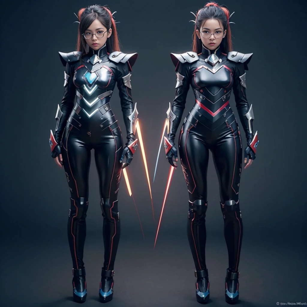 (((full body photo))) (((3girl))), beautiful japanese young woman, wearing ninja armor, thick symmetrical features, very short hair, background is cherry blossoms, pink aura, red lips, octane render, (((concept Art))), (((One character))), Female, (((Dark Skin)))), Black Hair with Ponytail, Light Blue Eyes, Round Glasses with a Slightly Dark Lens with this Lens being Orange, and the Light Blue Color frame, ((Black Metallic Gauntlets and Greaves with silver and red Highlights)), (((The Clothes Have a Mix of Modern and Tribal))), (((The Clothes Have a Mix of Modern and Tribal))), having mostly the color black, but having parts in red, shoulders exposed, at the hip a pants that extend to half of the thigh of black color.