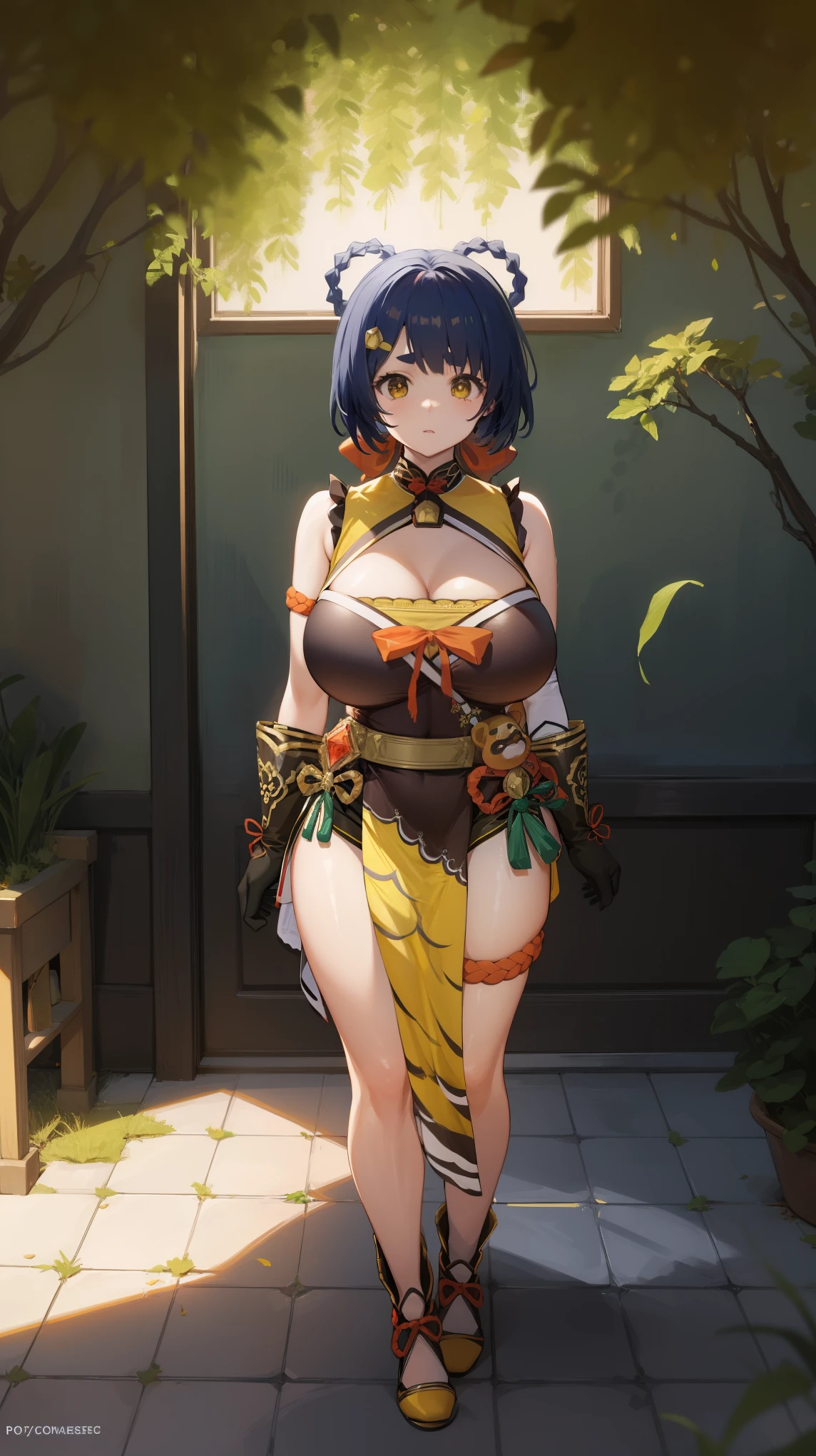 girl, solo, full body, from head to toe, (Huge_Breasts:1.3),
A breathtakingly beautiful garden filled with vibrant flowers, lush green plants, The air is filled with the sweet scent of blooming flowers, and rays of golden sunlight gently filter through the leaves, creating a magical atmosphere,
xiangling \(genshin impact\),1girl,blue hair, short hair, thick eyebrows, hairclip, hair rings, braid, yellow eyes, bow, glove,chinese clothes, sleeveless, bare shoulders, pelvic curtain, belt,