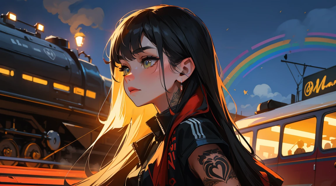 steam effect train) tattoo, working, night scenery, beautiful woman, Ultra HD portraits, (high quality) (Ultra-detailed) Looking at the audience dressed in hip-hop style streetwear; distinct, Colorful, long hair 🌈