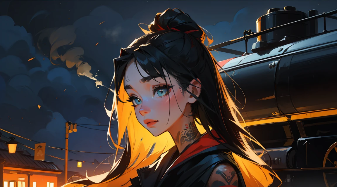 steam effect train) tattoo, working, night scenery, beautiful woman, Ultra HD portraits, (high quality) (Ultra-detailed) Looking at the audience dressed in hip-hop style streetwear; distinct, Colorful, long hair 🌈