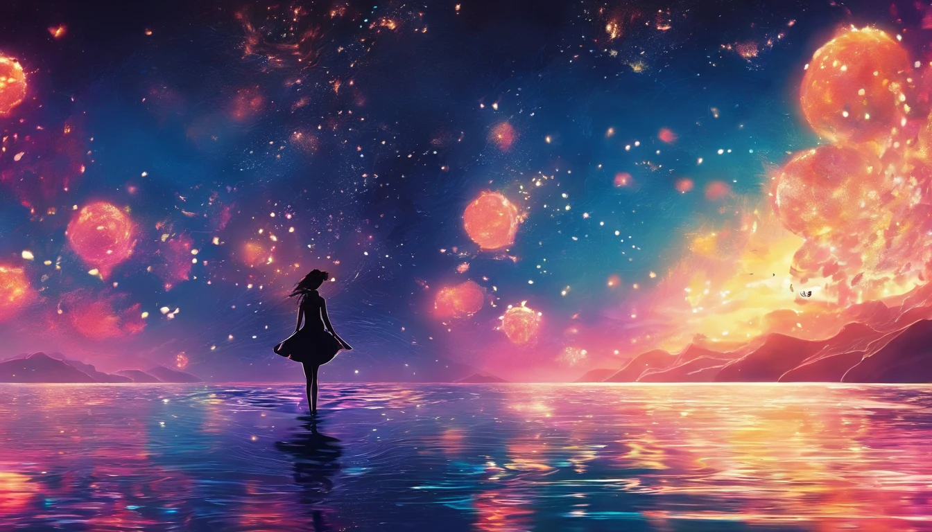 cg,Anime comic style,Surrounded by dark sea water,Sparkling,There is a twinkle at the top,The silhouette of a blurred person is in the middle of the photo,wide angle,The human form is constantly falling