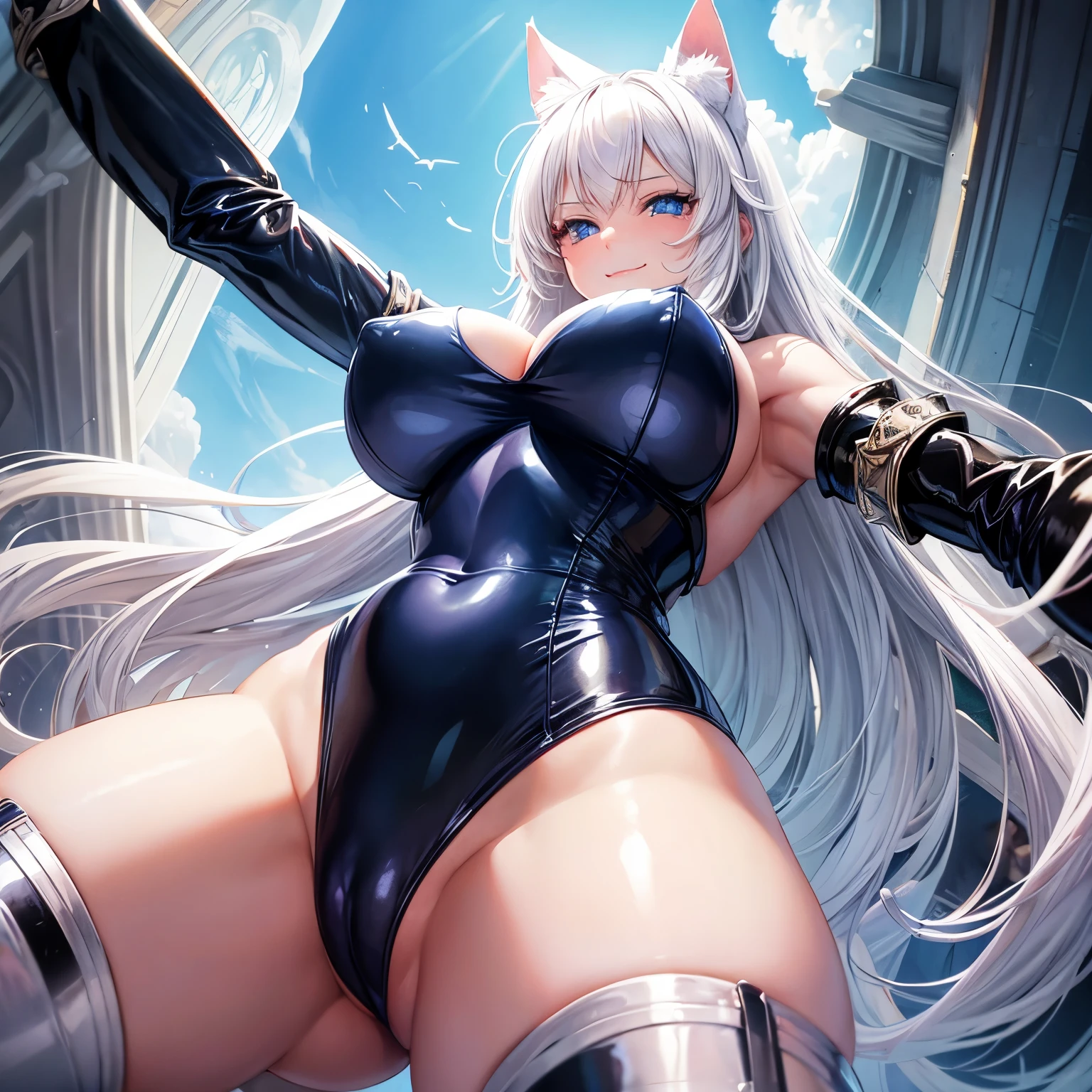 (Masterpiece), (best quality), 1girl, (((angle from below))), ((from below)), (looking down), smirk, long hair, white hair, cat ears, blue eyes, ((big breasts)), ((wide hips)), latex bunny suit