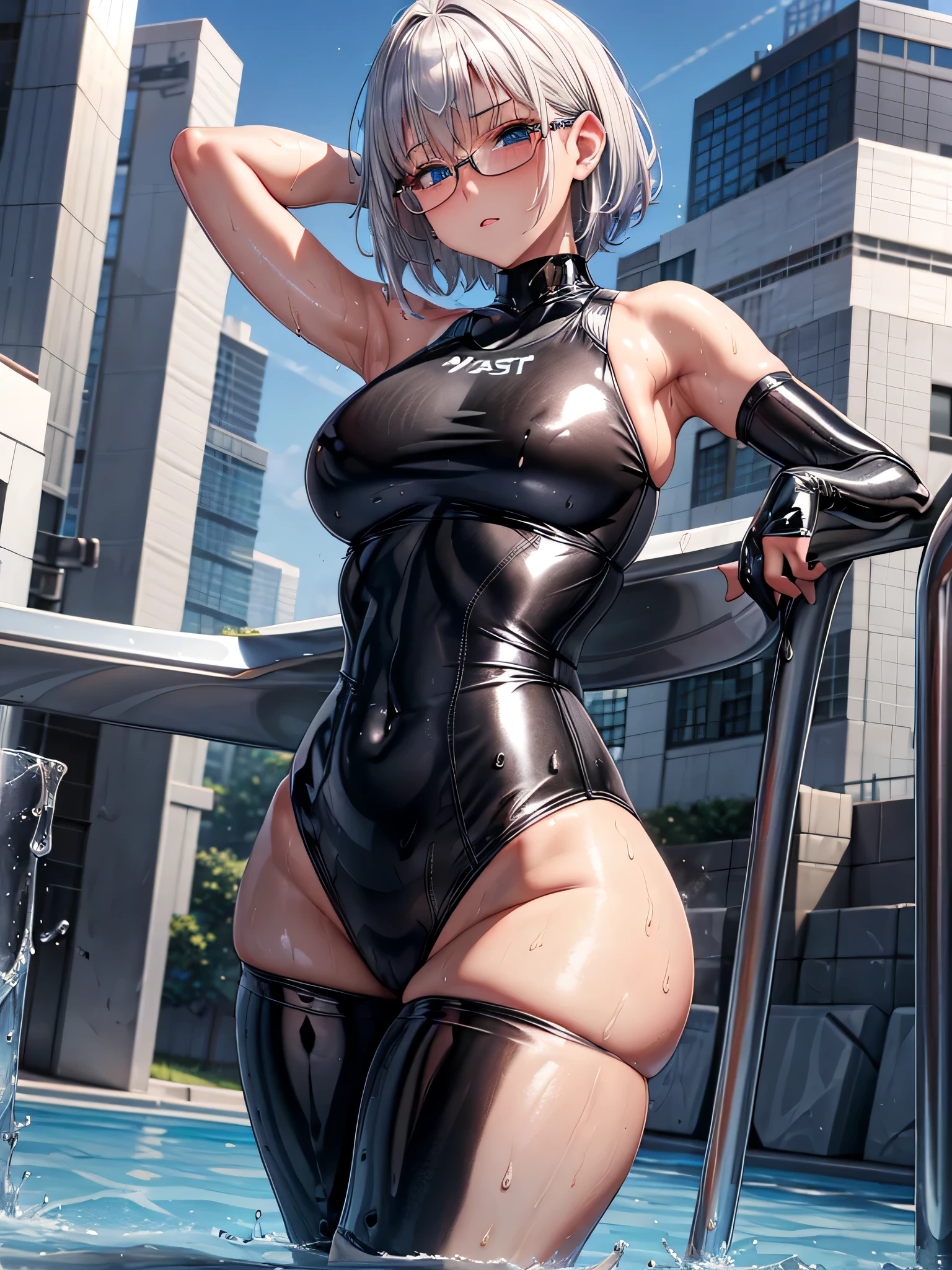 best image quality、8K、UHD、pieces fly、cute eyes、silver hair、Glasses、Thick latex high neck competitive swimsuit、thick latex high neck school swimsuit、short hair、短髪のsilver hair美女、wet skin、