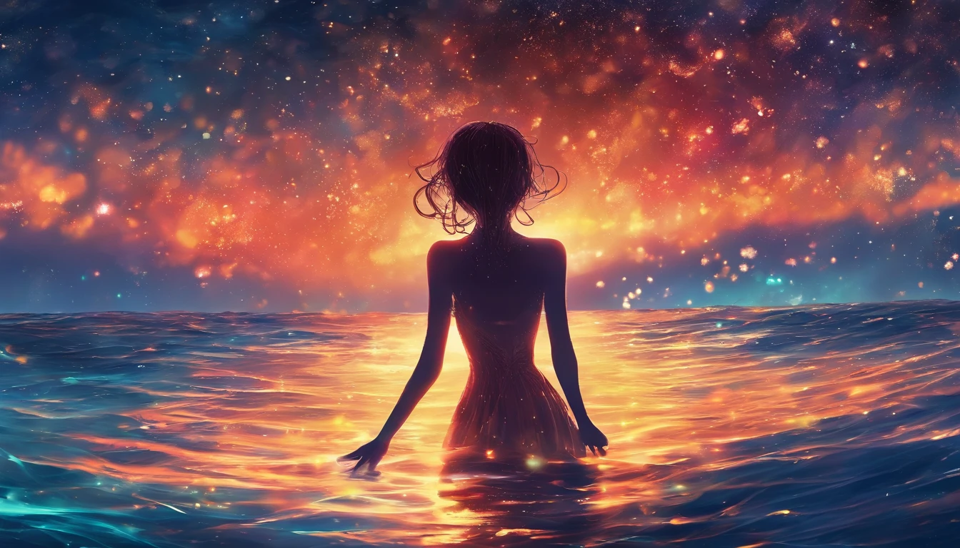 cg,Anime comic style,Surrounded by dark sea water,Sparkling,There is a twinkle at the top,The silhouette of a blurred person is in the middle of the photo,wide angle,The human form is constantly falling