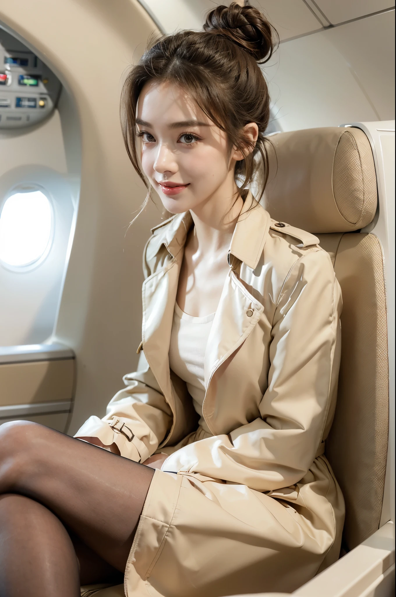((((8k))),((Extremely meticulous CG)) ,(wallpaper),16k,((Extremely refined and beautiful)),(((Masterpiece))),(((best qualtiy))),(((Ultra High Resolution))),beautiful light up,Perfect lightning,realistic shaded,[A high resolution],(Smooth and flawless fair skin:1.5),(pale skin:1.3),Extremely exquisite facial details,(perfect body:1.1),ultra-detailed,A beautiful girl,small head,(short ponytail:1.1),(bun hair:1.1),small face,Exquisite makeup,(small breasts:1.1),flat chests,slim,thin,happy,(smile:1.2),(trench coat:1.3),(slender legs:1.2),(pantyhose:1.2),(sneakers:1.1),(day scene:1.5),(In a passenger plane:1.5),(In the aircraft cabin full of passengers:1.3),seats,(detailed background:1.5),(Sitting in the seat:1.3),(arms behind back:1.2),(full body:1.2),(from front:1.3),(Surrounded by crowded crowds:1.3),